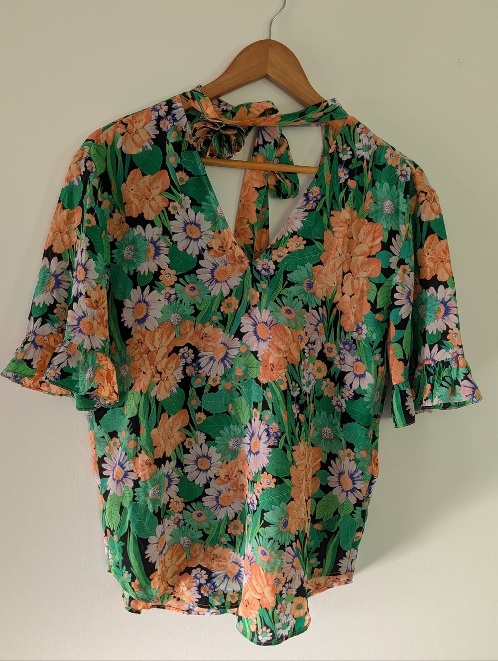 Sandro Paris Silk Floral Tie Neck Blouse Green and Orange